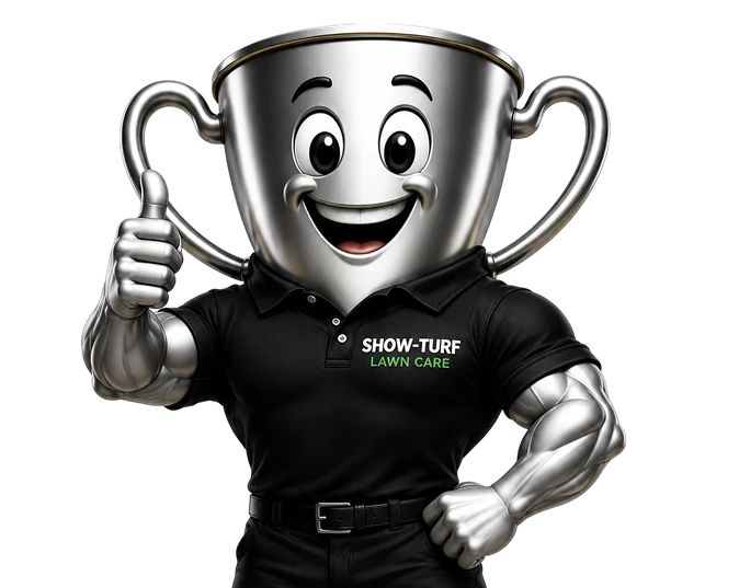 Show Turf Lawn Care trophy mascot giving a thumbs up