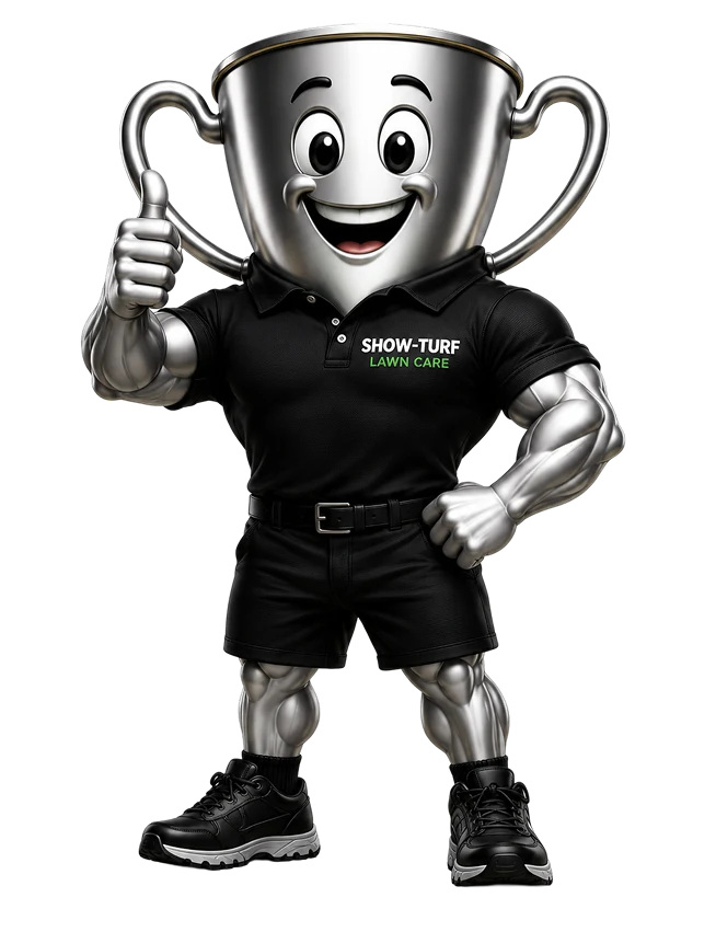 Show Turf Lawn Care trophy mascot giving a thumbs up