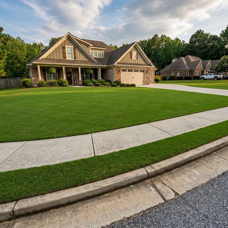 Manicured front lawn on a suburban North Georgia home at golden hour