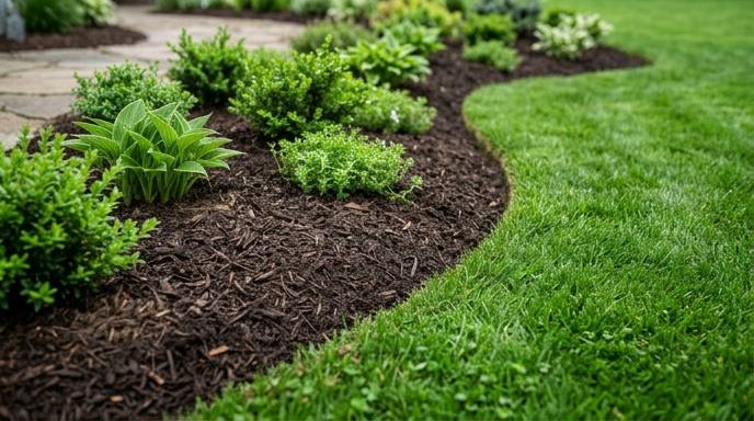 Crisp mulch bed with clean edge beside a healthy lawn