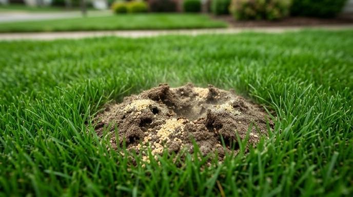 Fire ant mound in the middle of a healthy green lawn